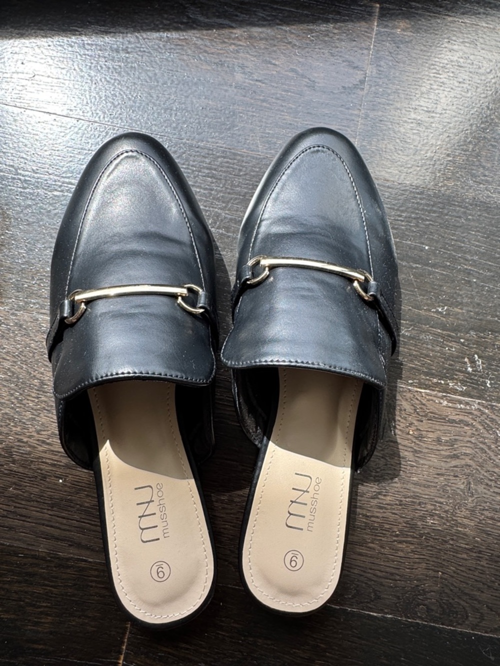 Musshoe Black Leather Slip-On Mule Loafers with Gold Accent size 9 - Picture 2 of 5